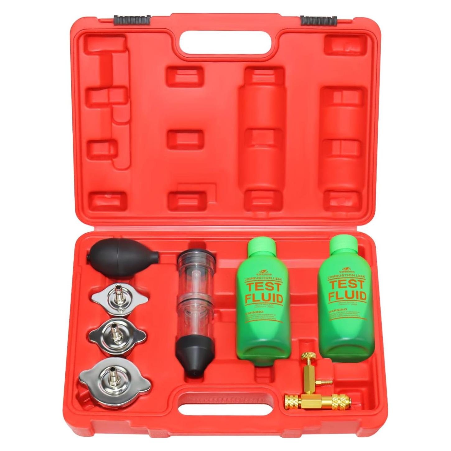 YSTOOL Combustion Leak Detector Kit with Dual-Chamber Head Gasket Leakage Tester Tool 500ML CO2 Reaction Fluid Universal and Dedicated Adapters
