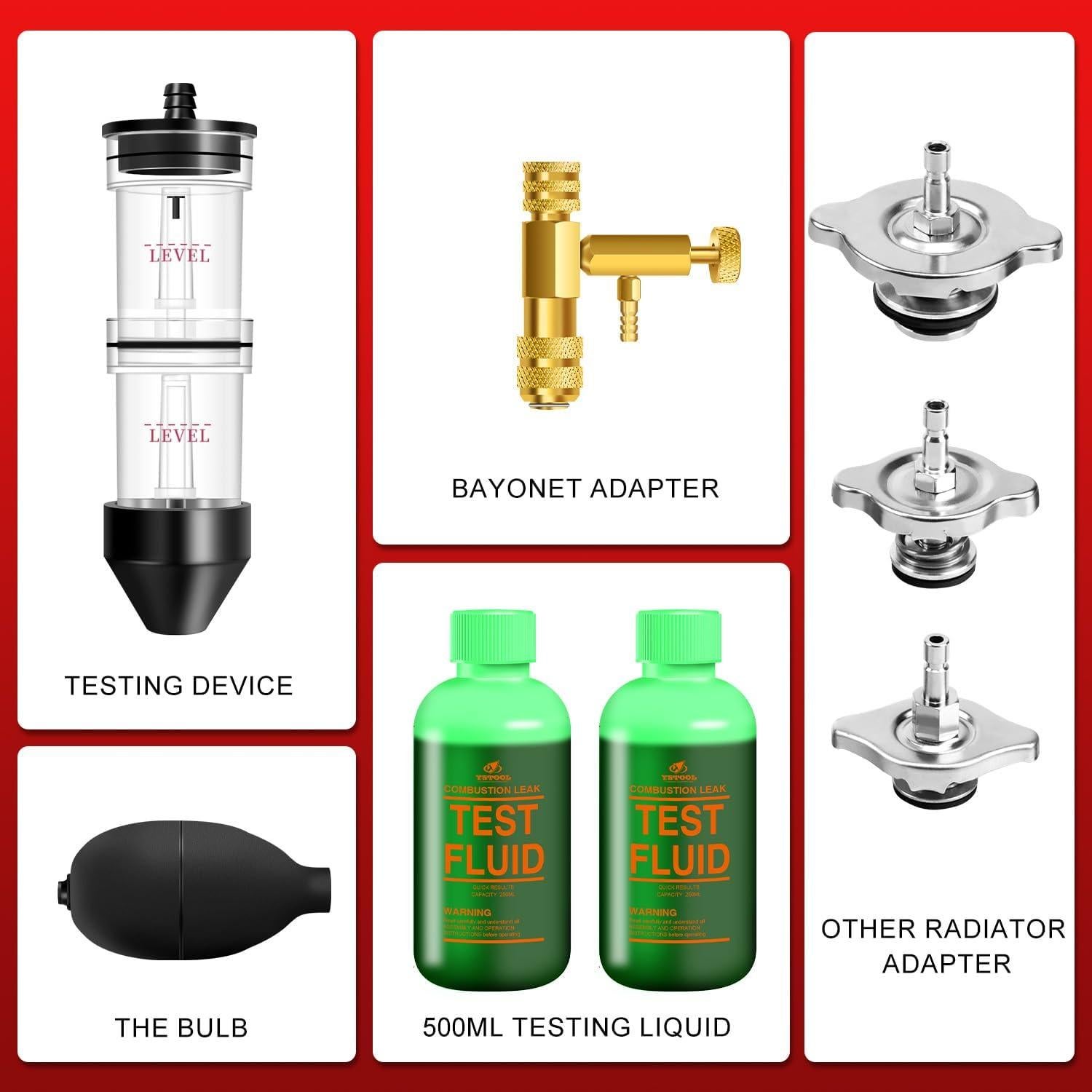 YSTOOL Combustion Leak Detector Kit with Dual-Chamber Head Gasket Leakage Tester Tool 500ML CO2 Reaction Fluid Universal and Dedicated Adapters