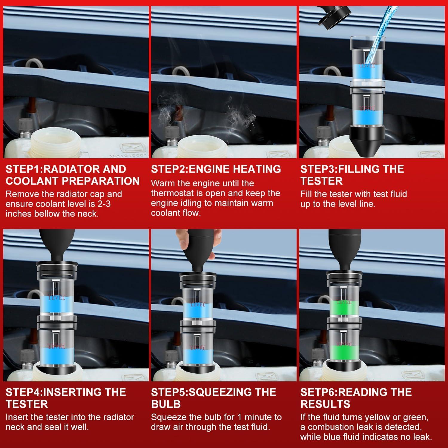 YSTOOL Combustion Leak Detector Kit with Dual-Chamber Head Gasket Leakage Tester Tool 500ML CO2 Reaction Fluid Universal and Dedicated Adapters