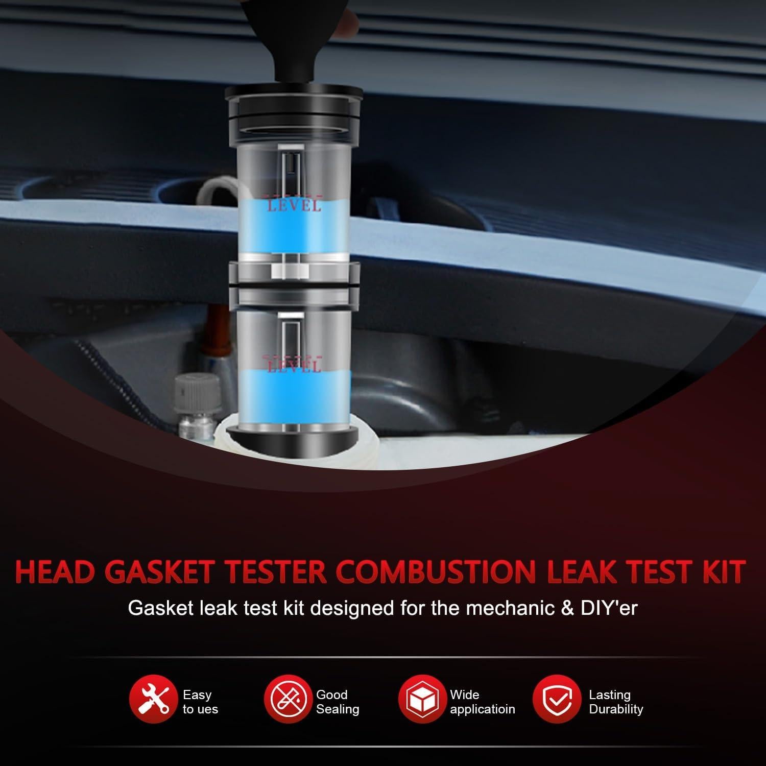 YSTOOL Combustion Leak Detector Kit with Dual-Chamber Head Gasket Leakage Tester Tool 500ML CO2 Reaction Fluid Universal and Dedicated Adapters