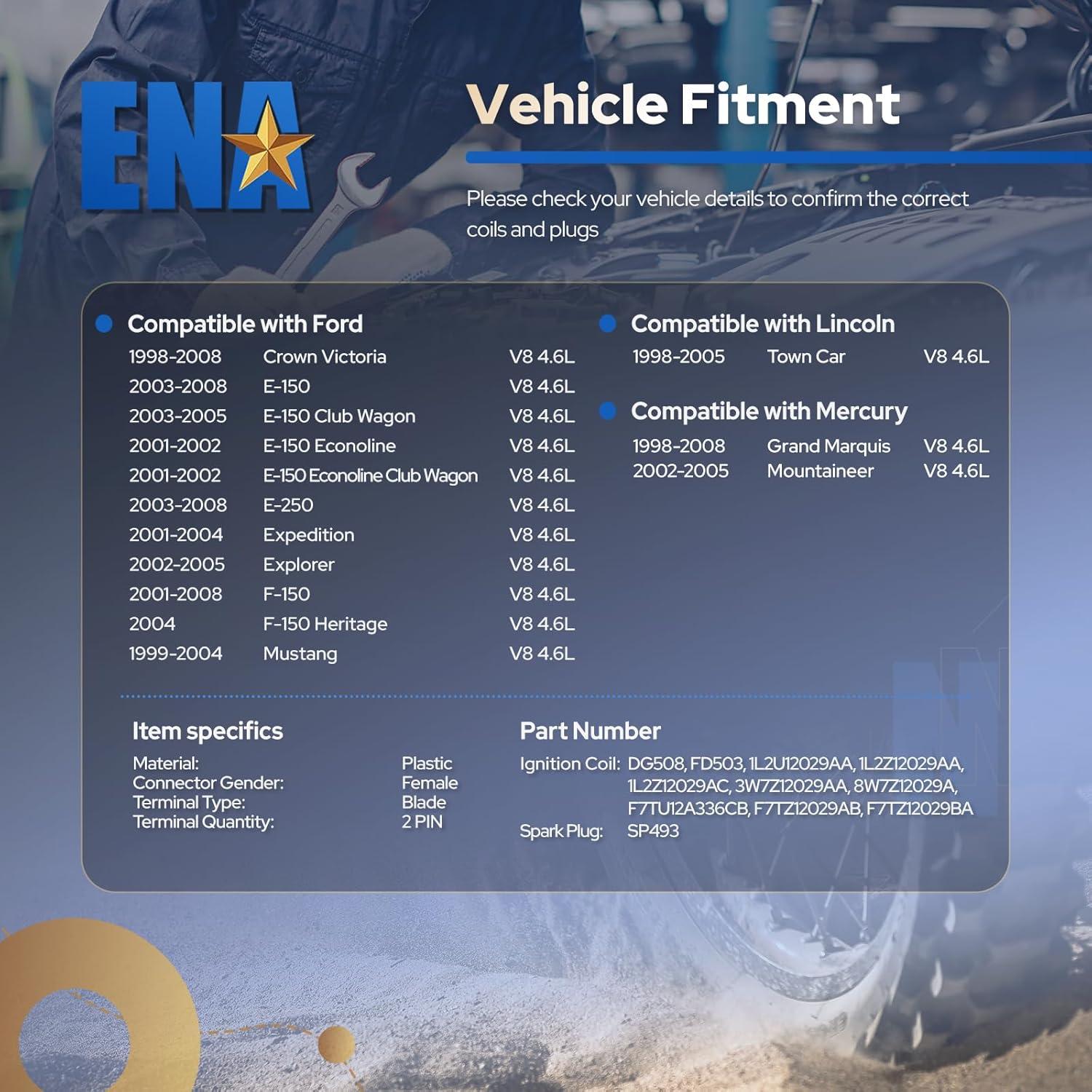 Juego de 8 Bobinas de Encendido ENA y Bujías Platino 4.6L 5.4L
