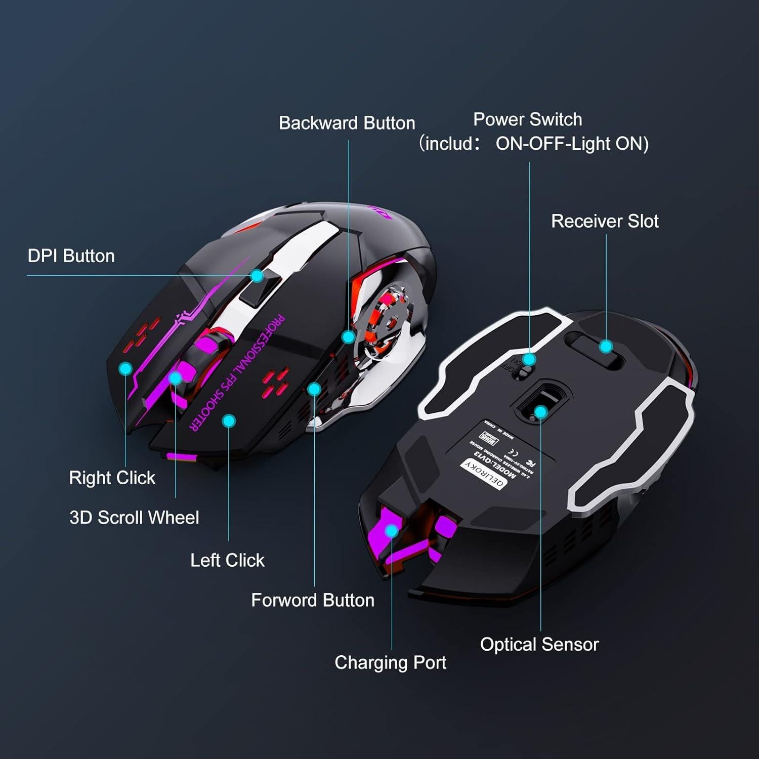 Ratón Gaming QELIROKY Inalámbrico 2.4G 3 DPI Silencioso