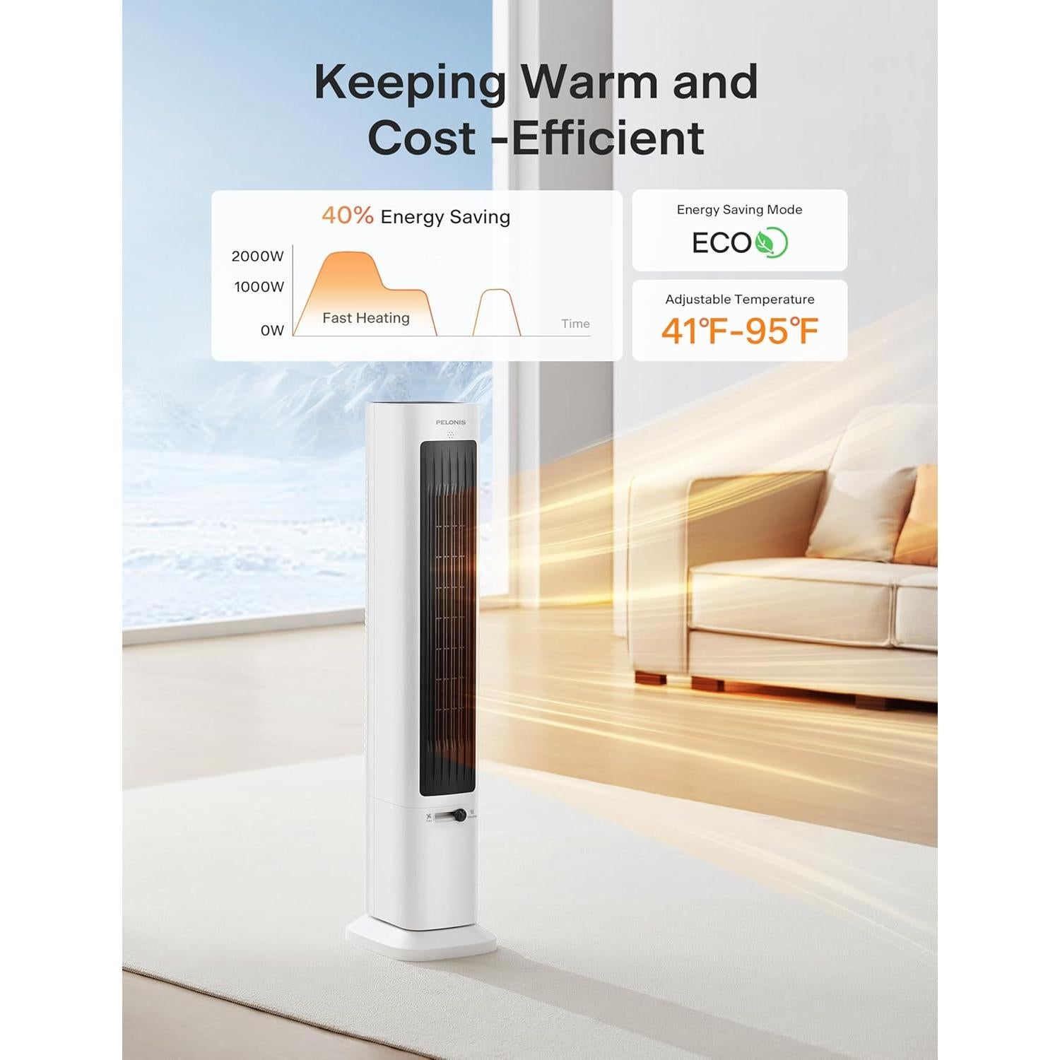 PELONIS Ventilador y Calefactor Torre 2 en 1 Blanco