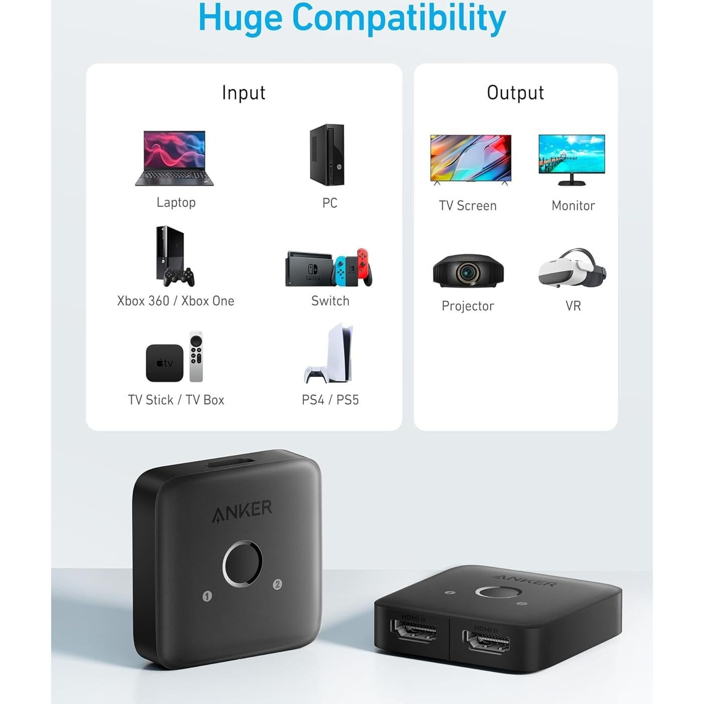 Interruptor HDMI Anker 4K 2 en 1 Soporta HDR y 3D