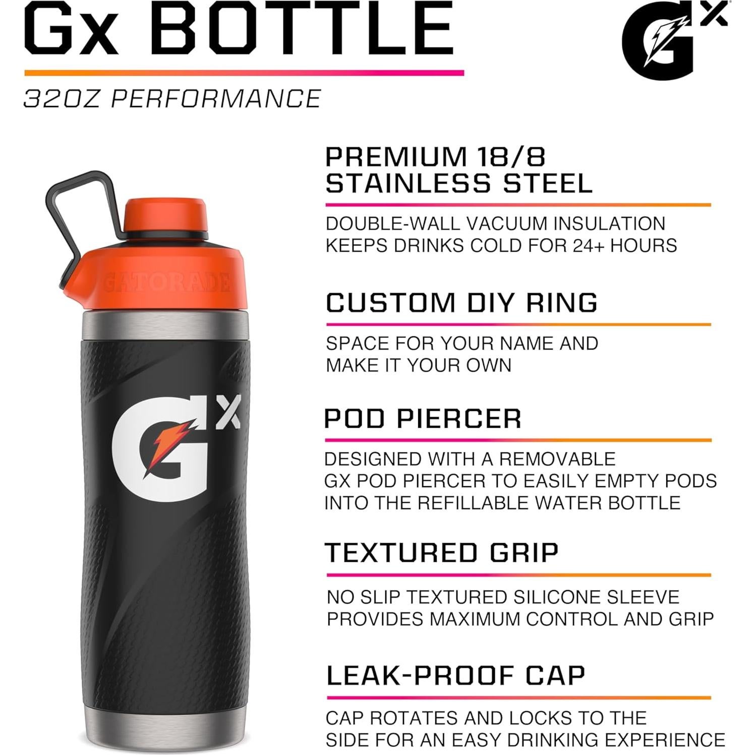 Botella de Acero Inoxidable Gatorade Gx Negra 946ml Doble Pared
