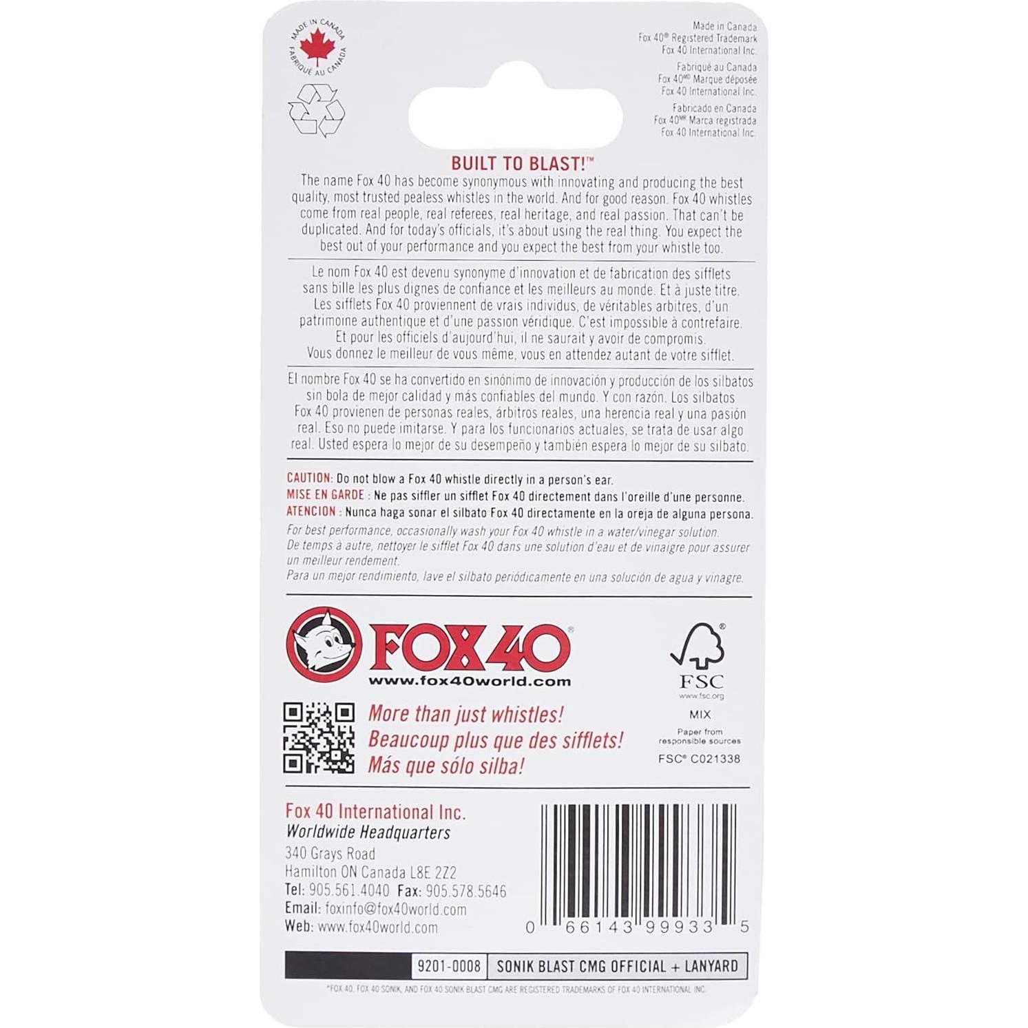 Silbato Fox 40 Sonik Blast CMG Negro con Cordón Desprendible