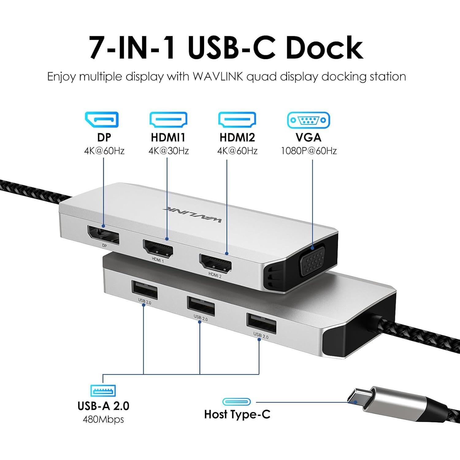 Adaptador USB C a Doble HDMI 4K 60Hz Winstars 7-en-1