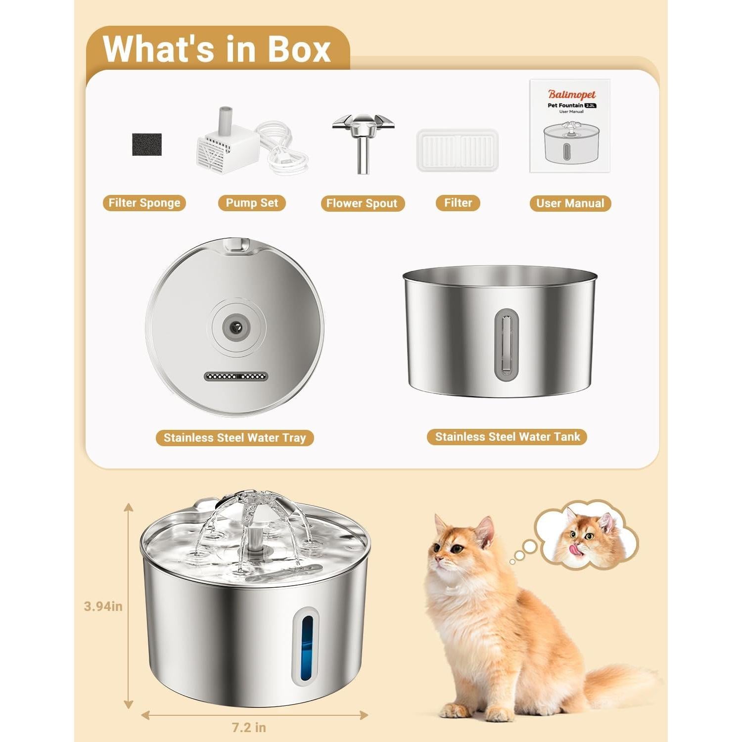 Fuente de Agua para Gatos BalimoPet 2.2L Acero Inoxidable Silenciosa