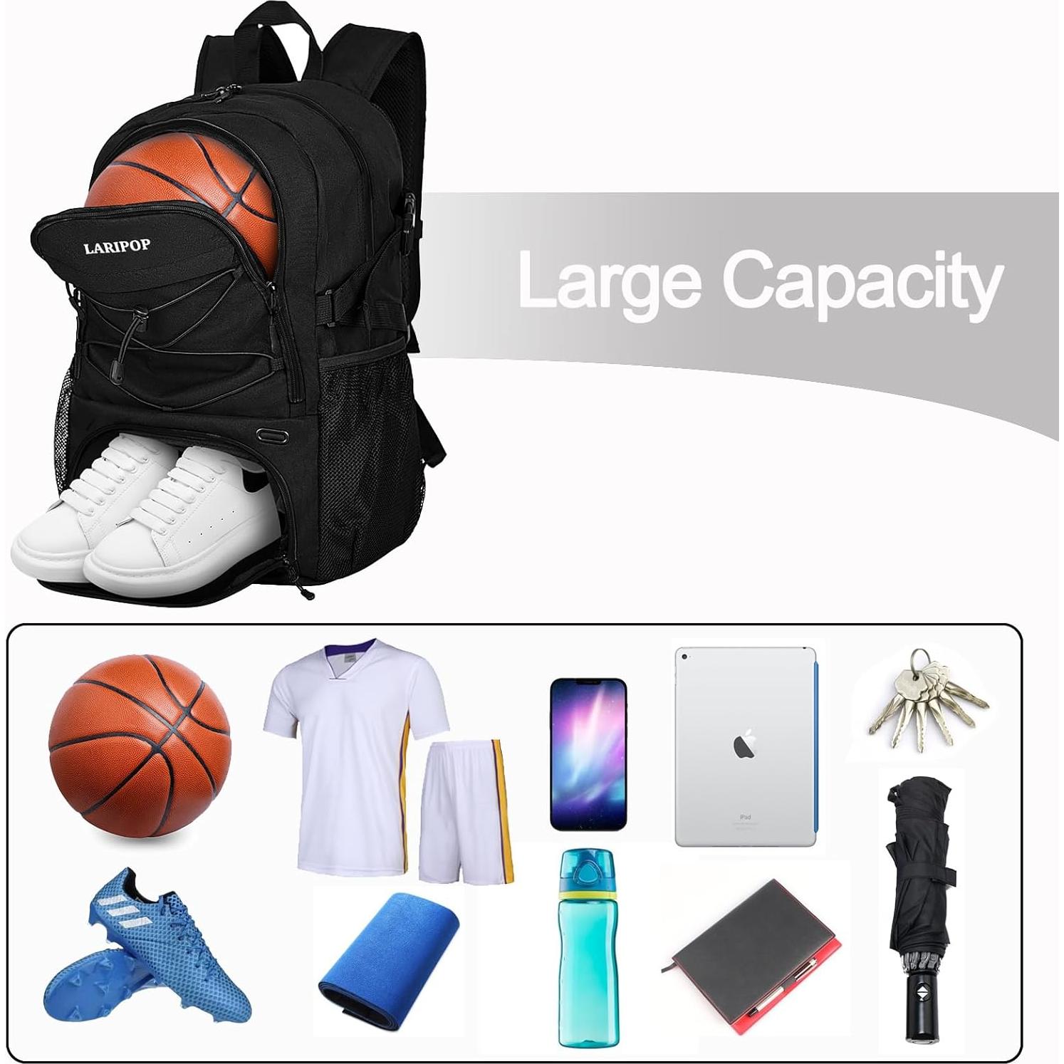 Mochila de Baloncesto LARIPOP Negra con Compartimento para Zapatos
