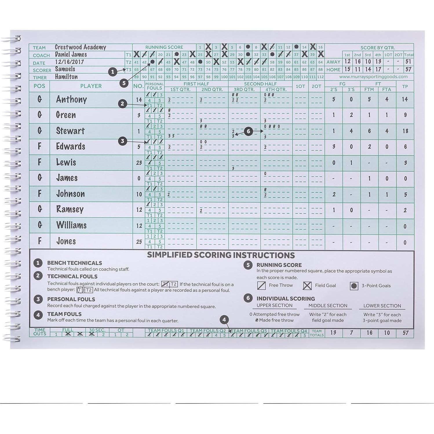 Libro de Puntuaciones de Baloncesto Murray Sporting Goods - 35 Juegos