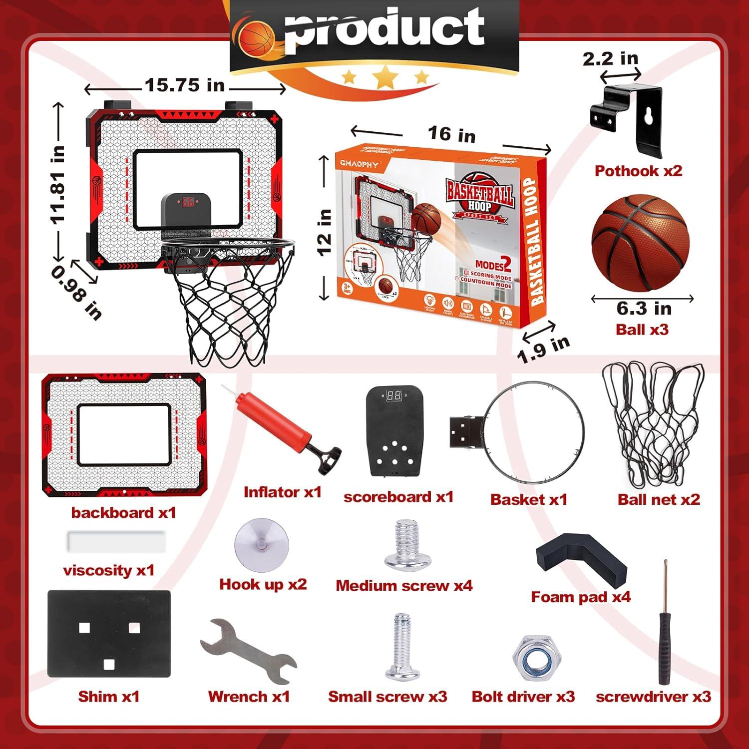 Aro de Baloncesto Interior GMAOPHY con Marcador Electrónico y 3 Balones