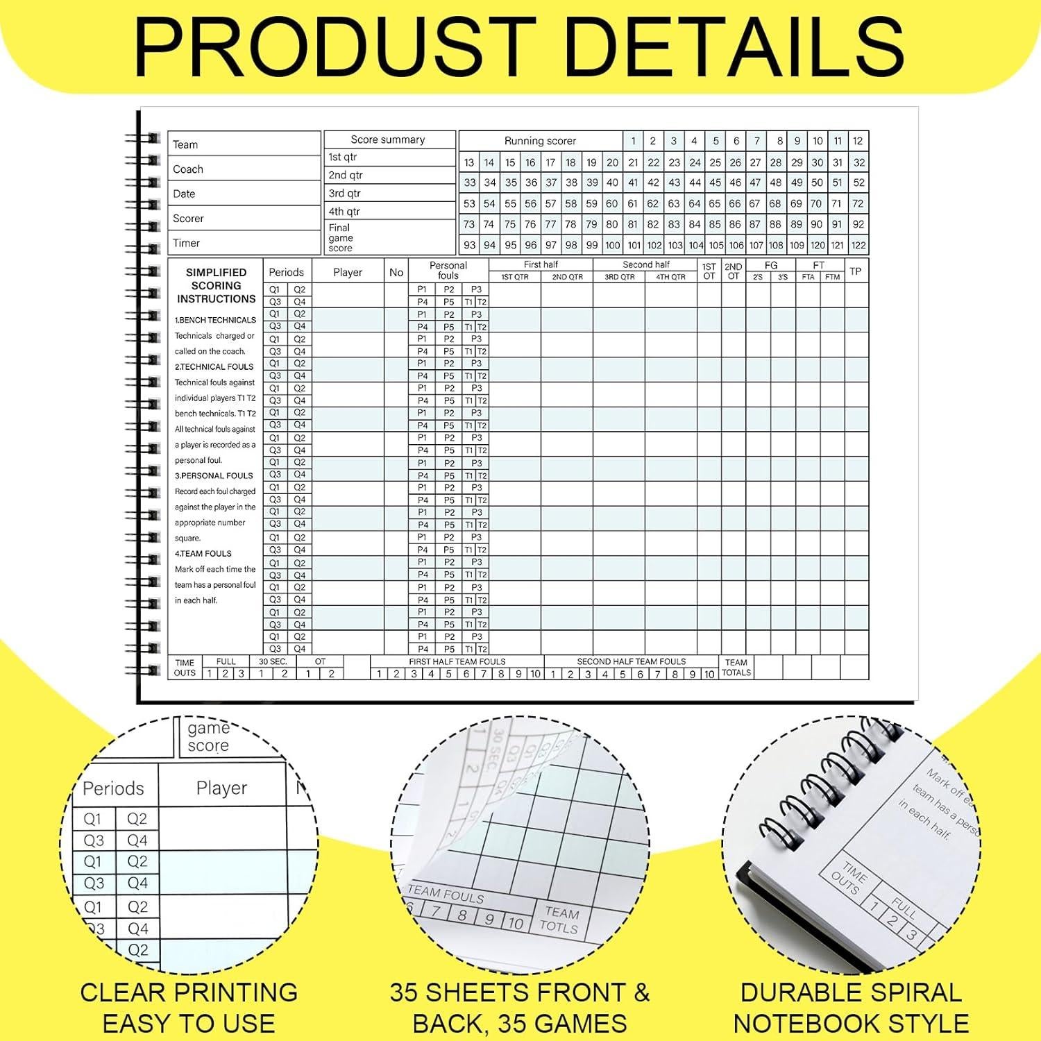 Qilery 4 Libros de Puntuación de Baloncesto 35 Juegos