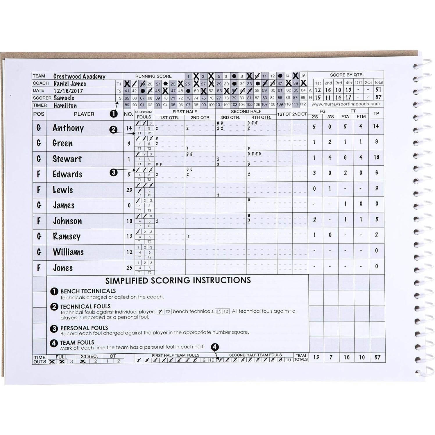 Libro de Puntuaciones de Baloncesto Murray Sporting Goods - 35 Juegos