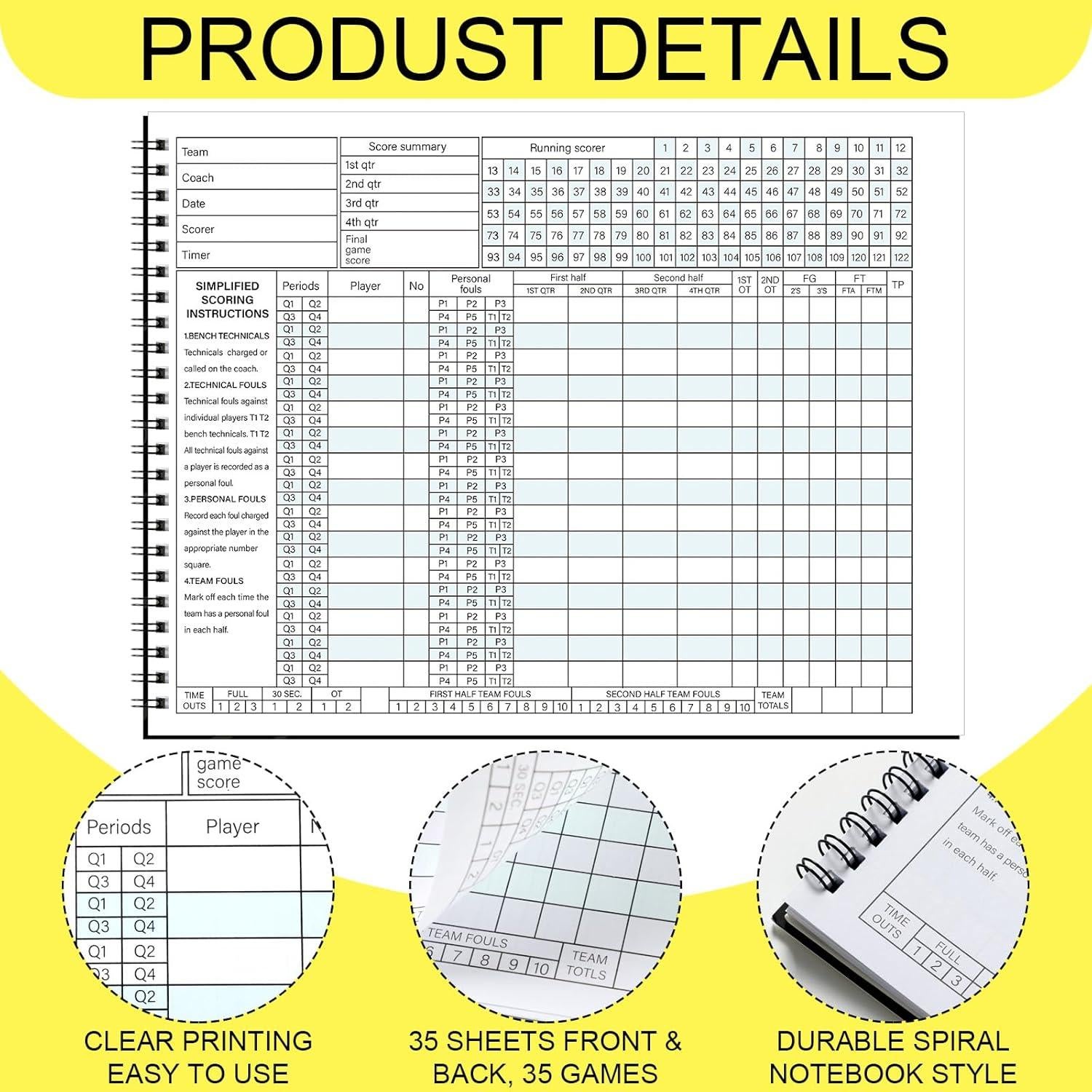 Libro de Puntuación de Baloncesto Qilery 2 Pcs 35 Juegos