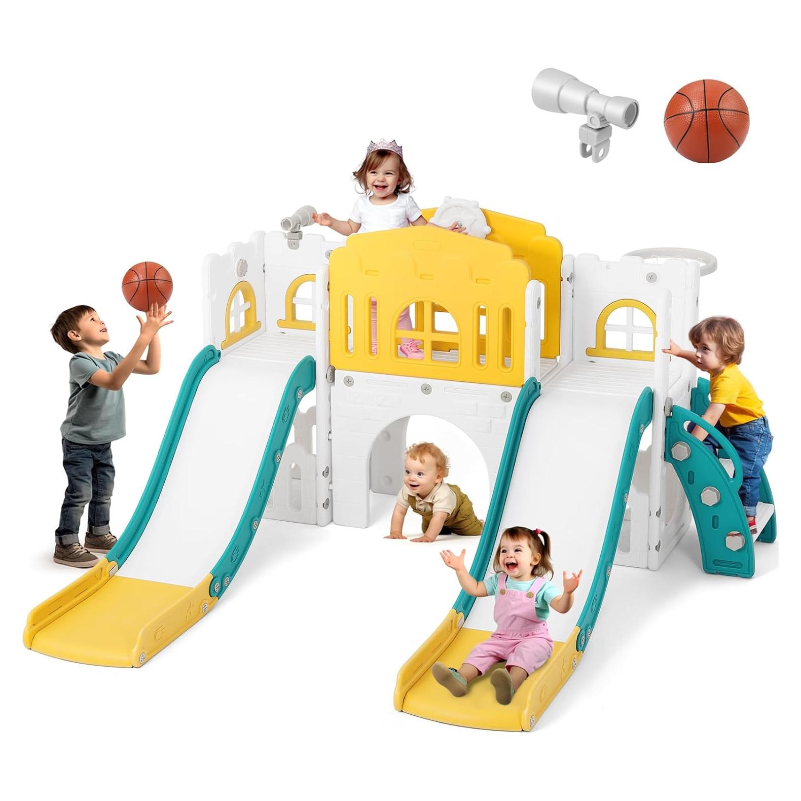 Tobogán Doble JOYLDIAS 9 en 1 para Niños Pequeños Verde Amarillo