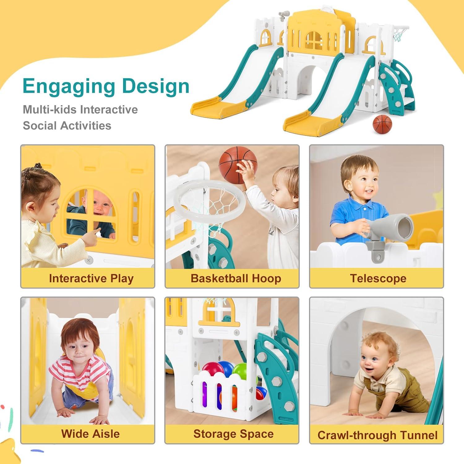 Tobogán Doble JOYLDIAS 9 en 1 para Niños Pequeños Verde Amarillo