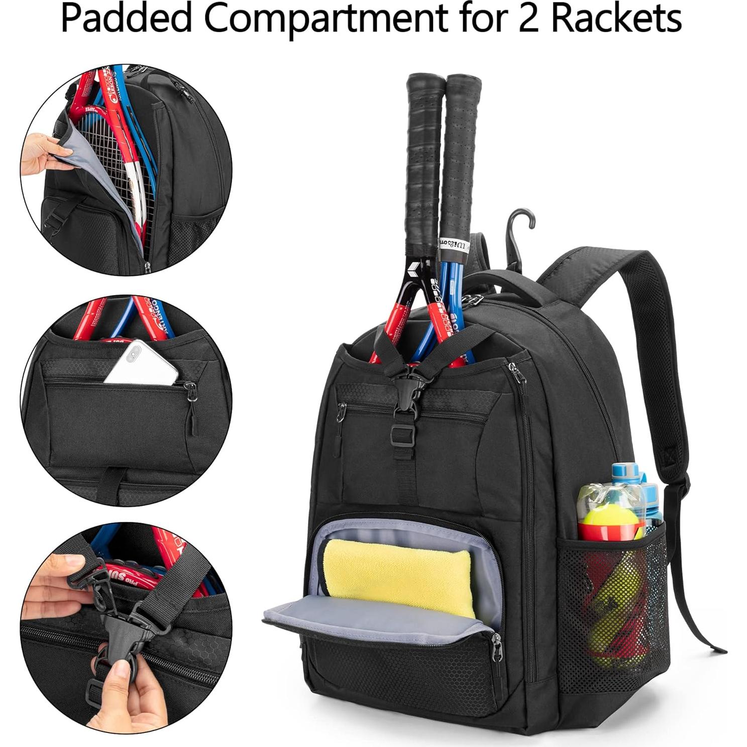 Mochila de Tenis DSLEAF para 2 Raquetas y Zapatos - Negro