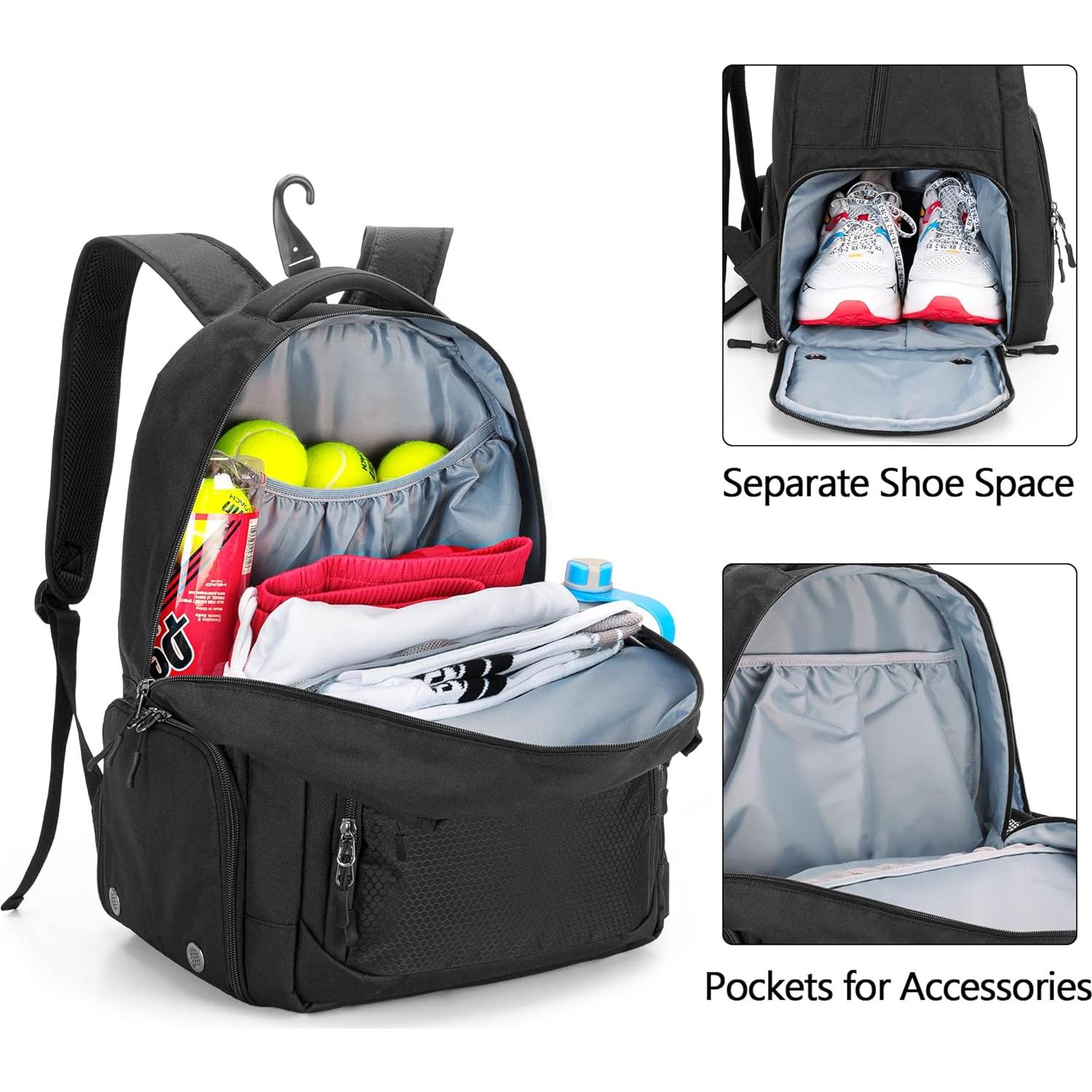 Mochila de Tenis DSLEAF para 2 Raquetas y Zapatos - Negro