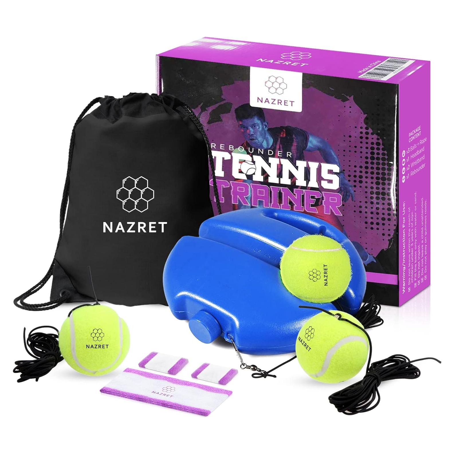 Conjunto Rebotador Entrenador de Tenis NAZRET - 3 Pelotas, 2 Muñequera, Banda