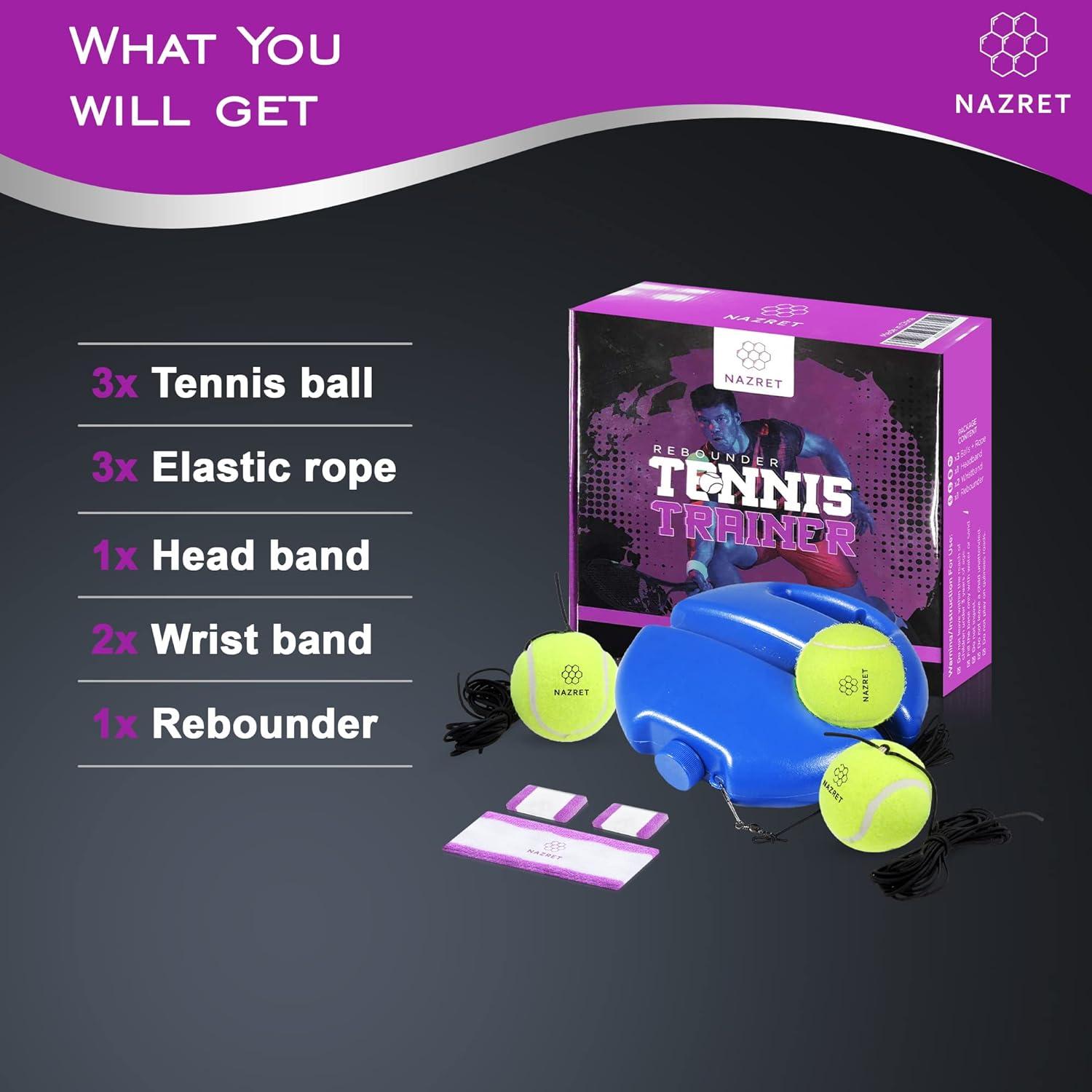 Conjunto Rebotador Entrenador de Tenis NAZRET - 3 Pelotas, 2 Muñequera, Banda