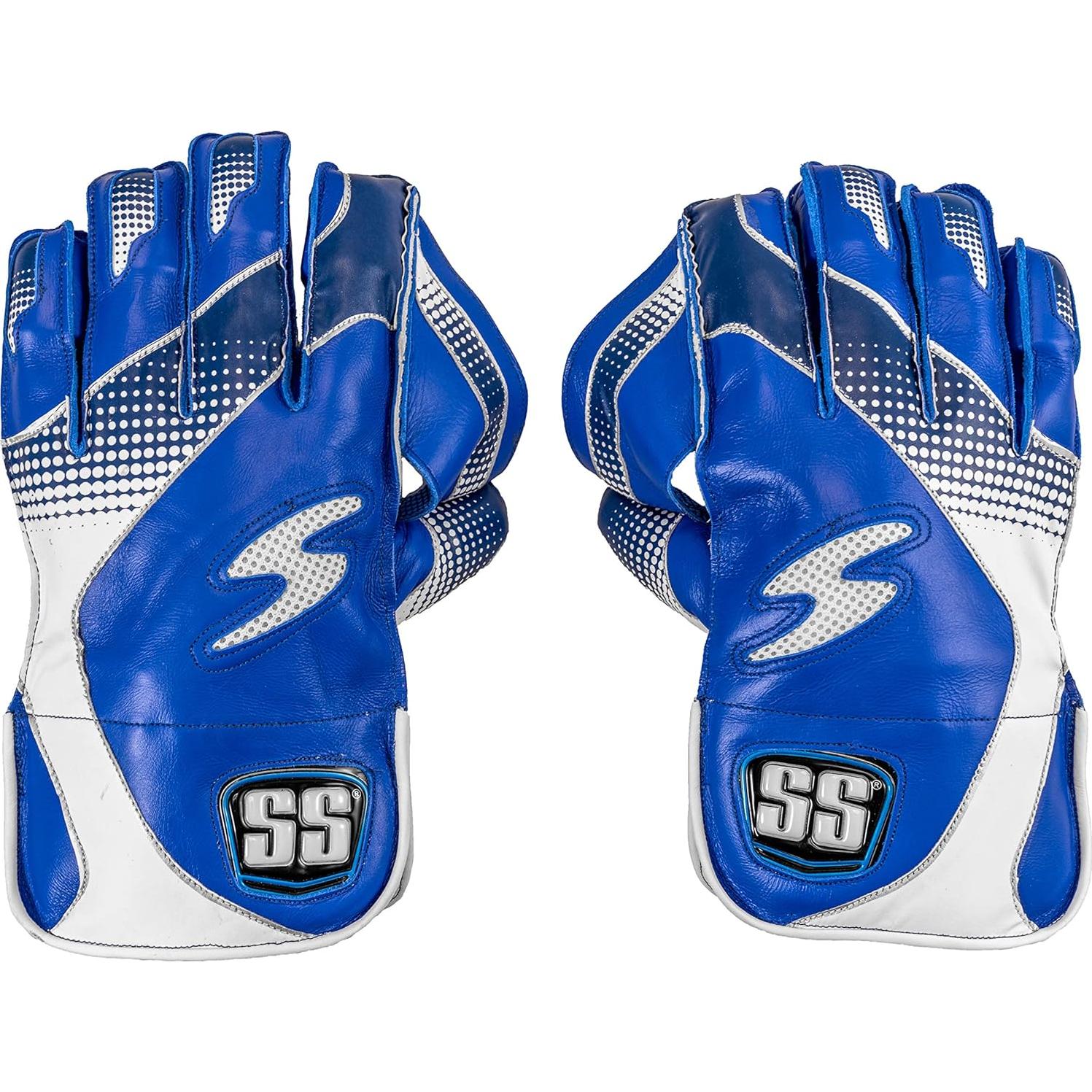 Guantes de Wicket Keeping SS Match - Cuero Real - Talla Única - Azul/Blanco