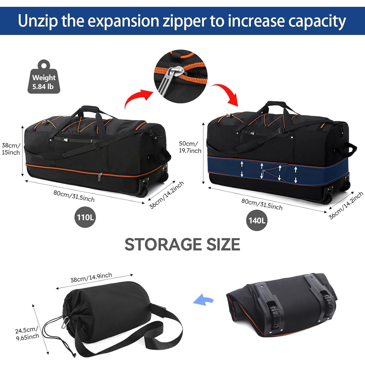 Bolsa de viaje Oxford 140L Vrtisa con ruedas y compartimentos