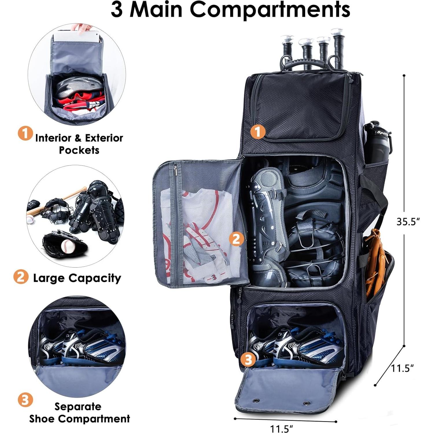 Bolsa de béisbol rodante VIGEGARI con ruedas para 4 bates