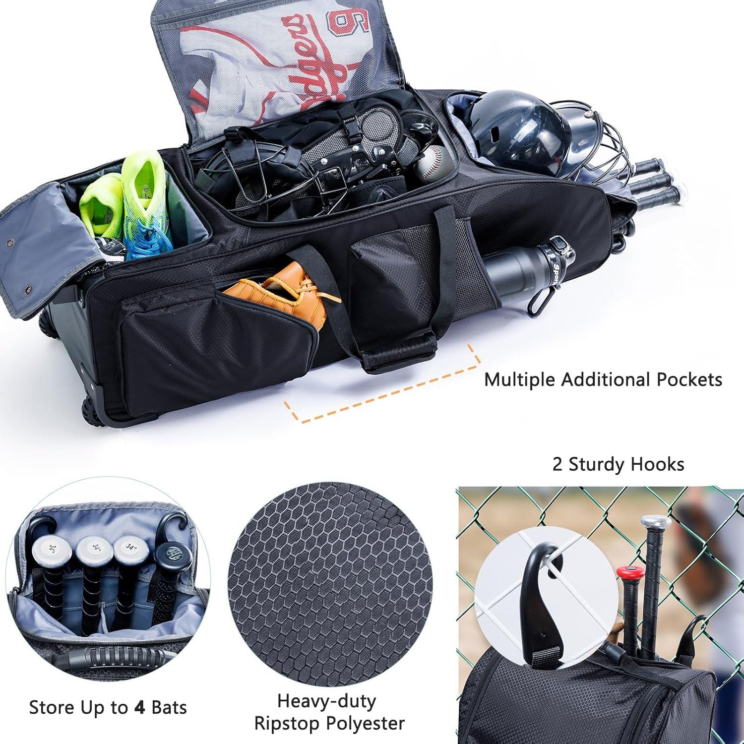 Bolsa de béisbol rodante VIGEGARI con ruedas para 4 bates