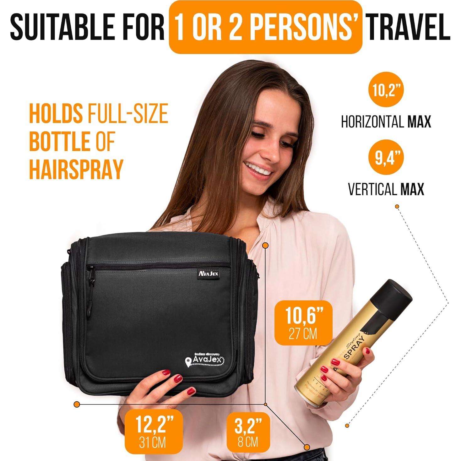 Bolsa de Aseo Colgante AvaJex Negra - Impermeable XXL 19 Compartimentos