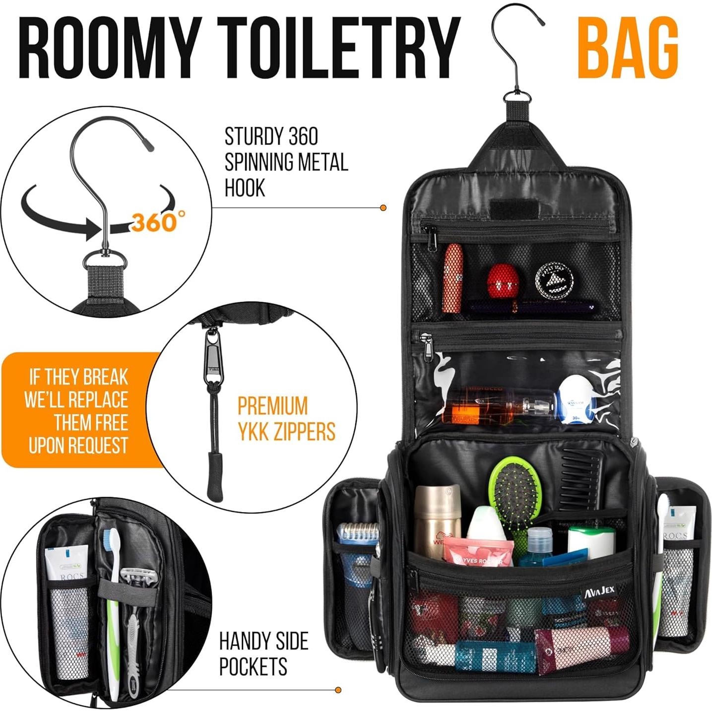 Bolsa de Aseo Colgante AvaJex Negra - Impermeable XXL 19 Compartimentos