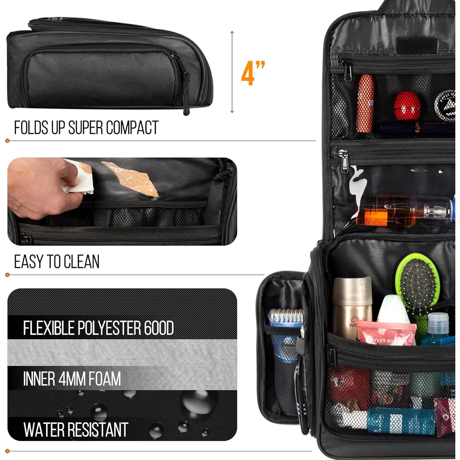 Bolsa de Aseo Colgante AvaJex Negra - Impermeable XXL 19 Compartimentos