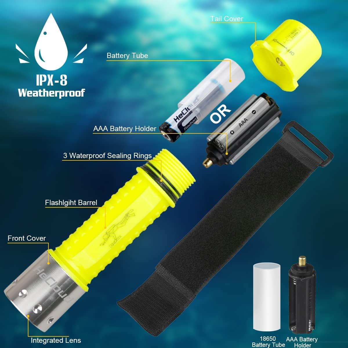 Linterna de Buceo HECLOUD IPX8 Recargable 3 Modos LED