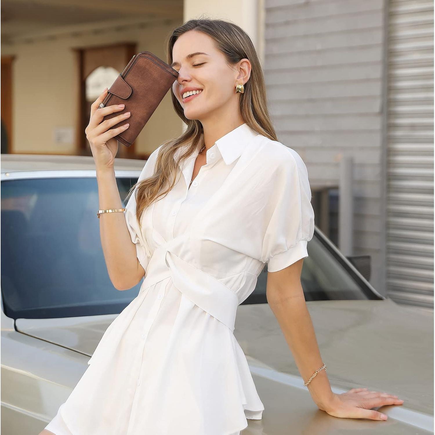 Cartera de Mujer CLUCI Trifold Cuero Bloqueo RFID Marrón