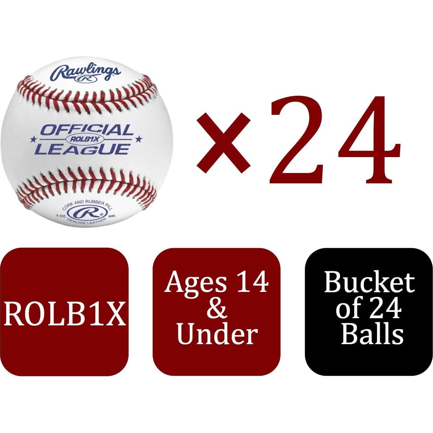Pelotas de béisbol Rawlings ROLB1X - Cubo 24 unidades 14U