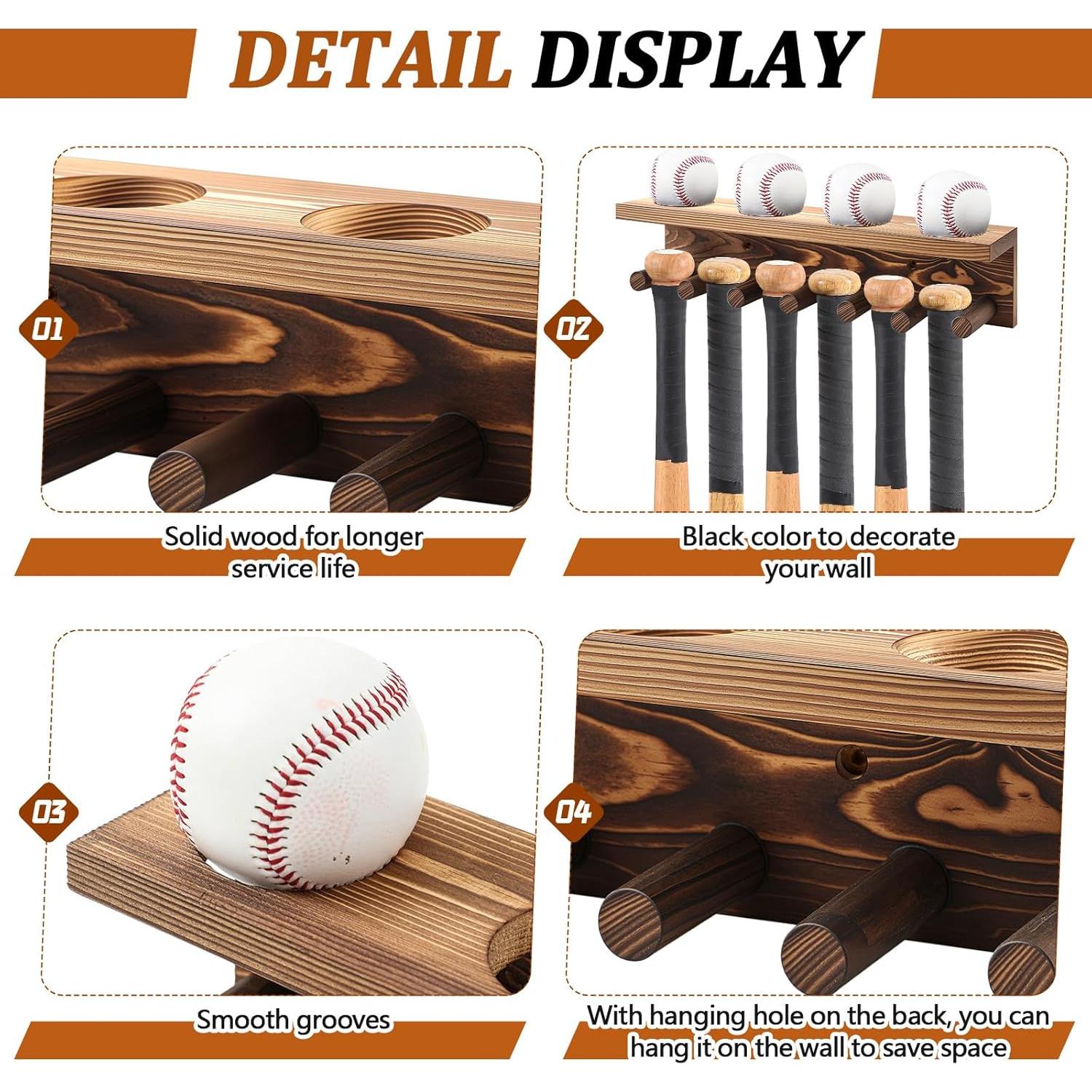 Soporte de Exhibición de Bate y Pelota de Béisbol Weysat - Madera Carbonizada, Sostiene 4 Conjuntos