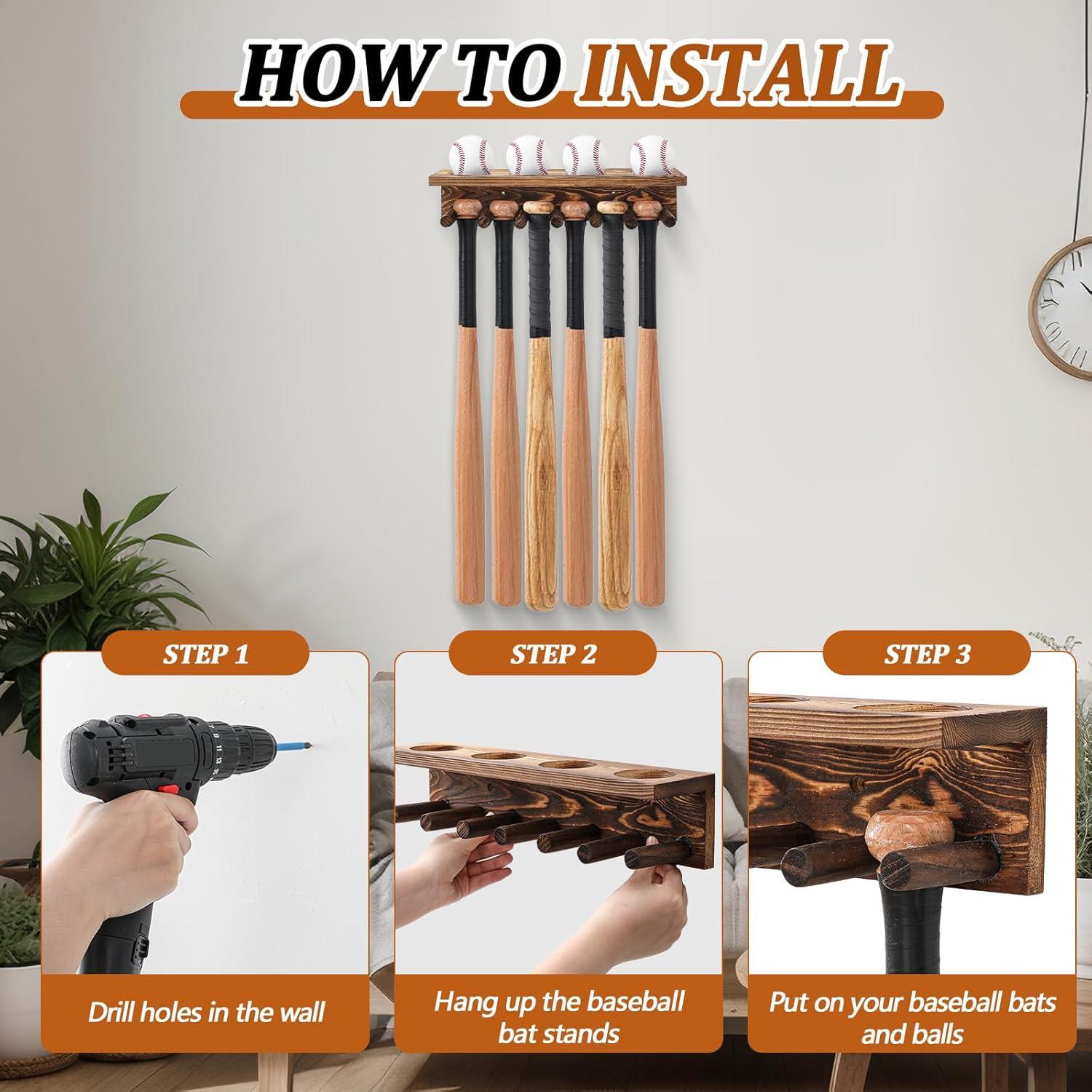 Soporte de Exhibición de Bate y Pelota de Béisbol Weysat - Madera Carbonizada, Sostiene 4 Conjuntos