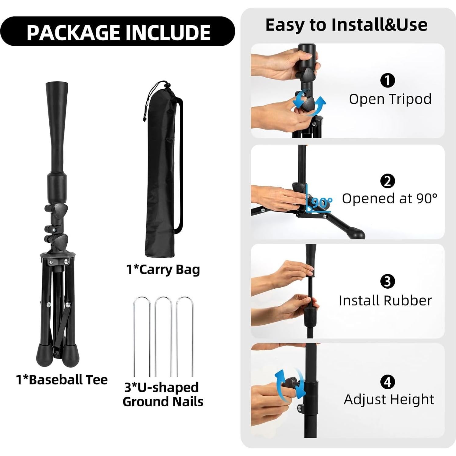 Tee de Béisbol Ajustable Wiseek BT-Negro para Niños 59.69-101.06 cm