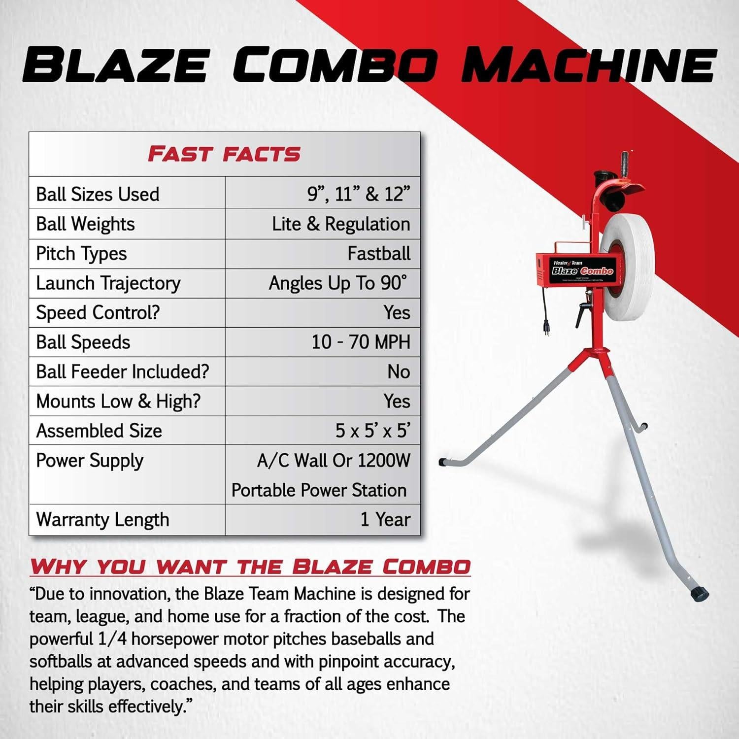 Máquina de Lanzamiento Heater BLAZE para Béisbol y Softbol 70 MPH