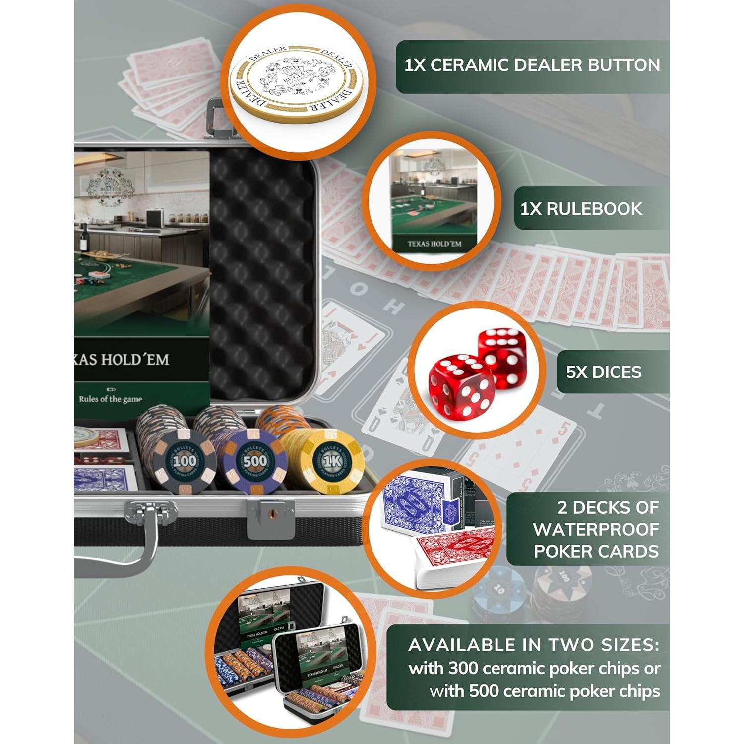 Conjunto de Poker Bullets con 300 Fichas de Cerámica y Estuche