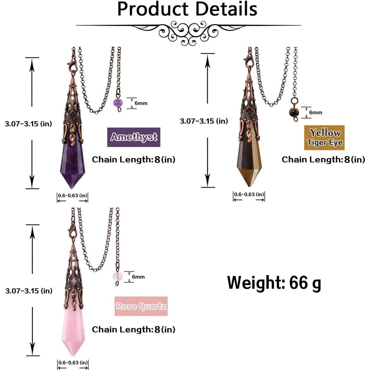 Péndulo de Cristal Natural JOVIVI Amatista Cuarzo Rosa 80mm