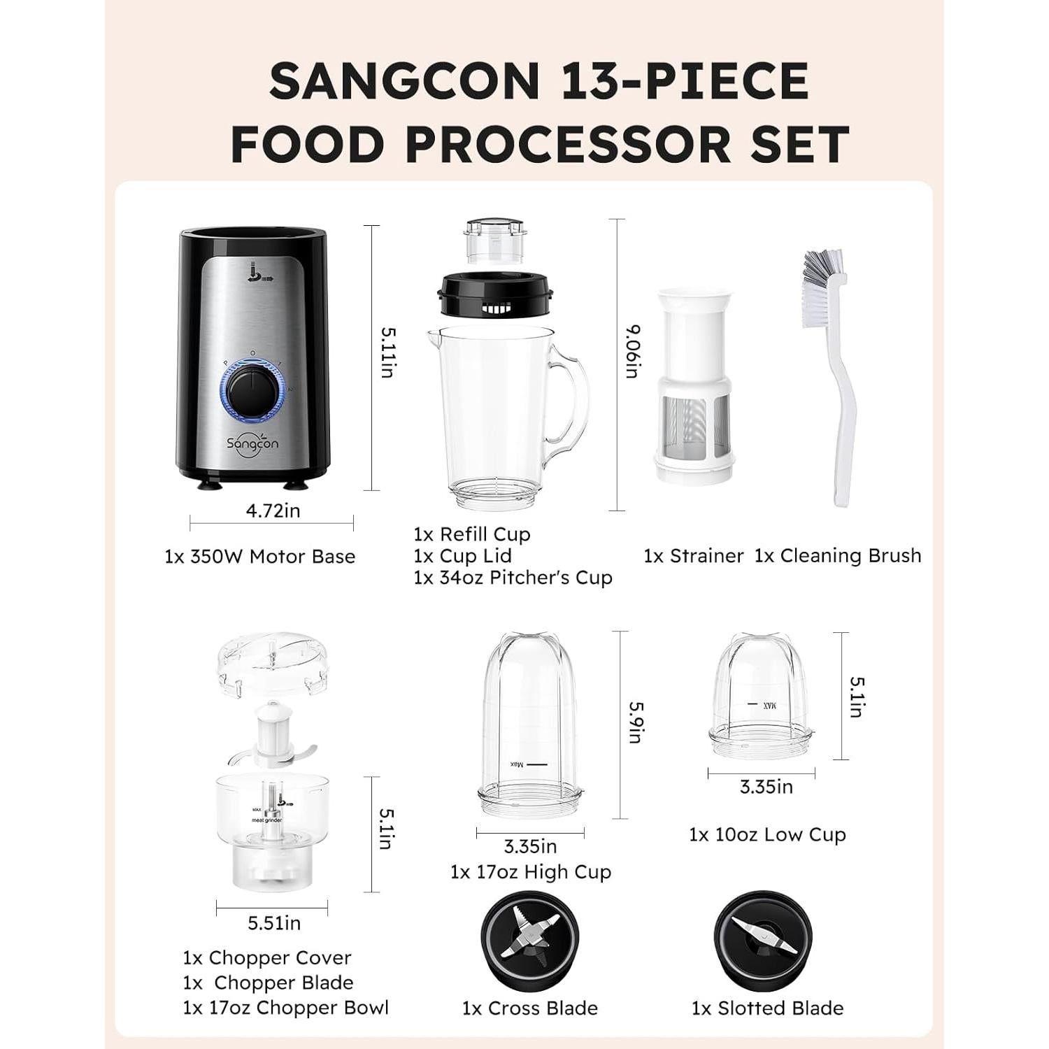 Licuadora 5 en 1 Sangcon 350W con 2 Velocidades y Accesorios