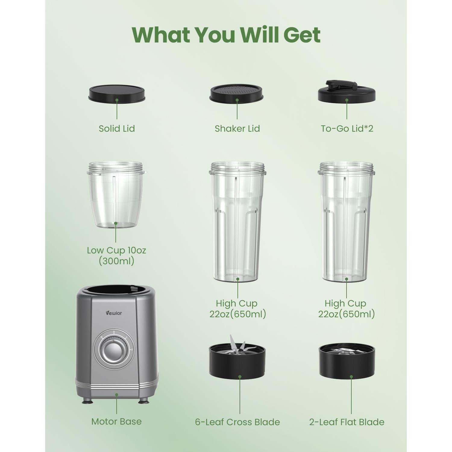 Licuadora VEWIOR 1200W 2 Tazas 22oz Sin BPA para Smoothies