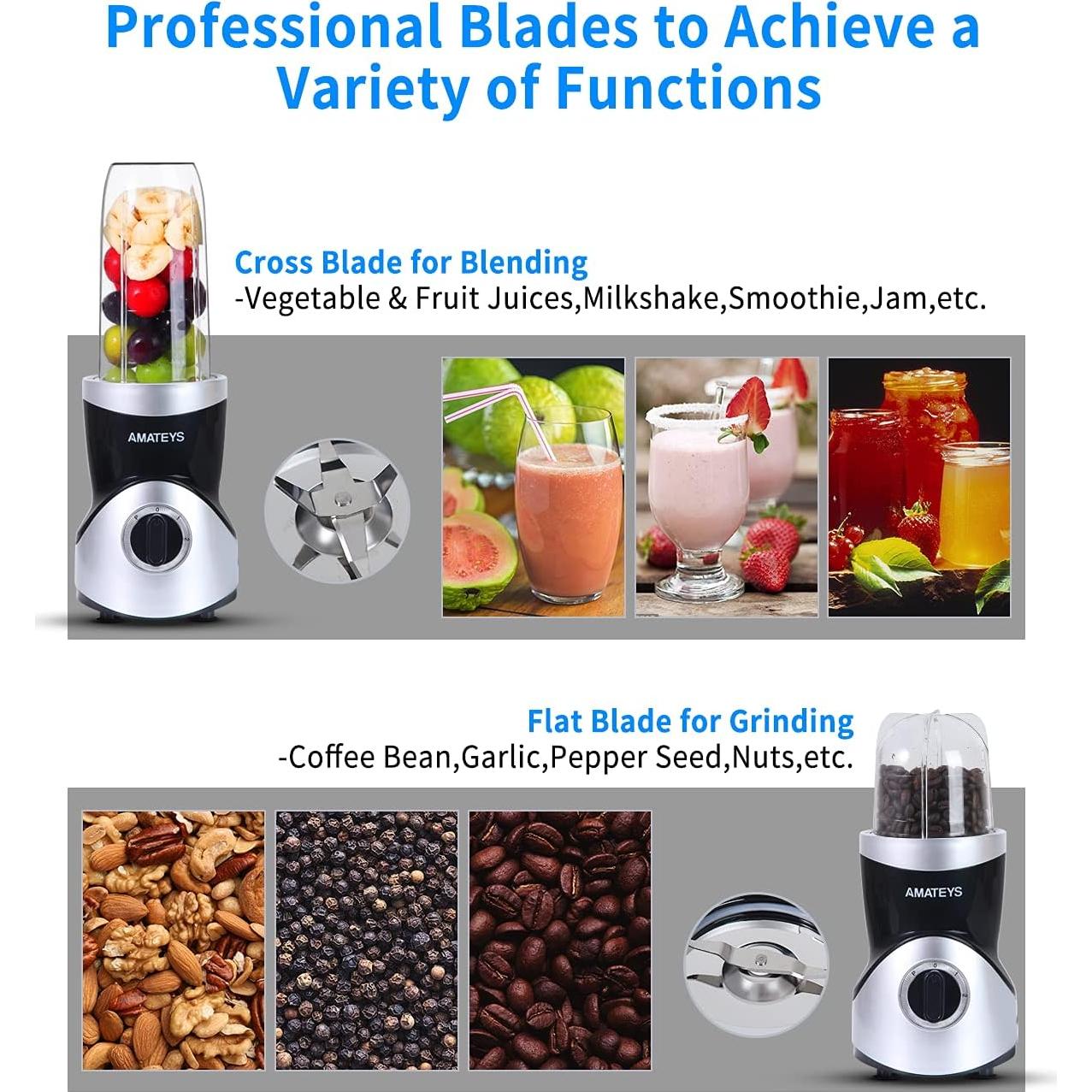 Batidora Personal Amateys 350W con Cuchillas y 2 Botellas 710/295ml