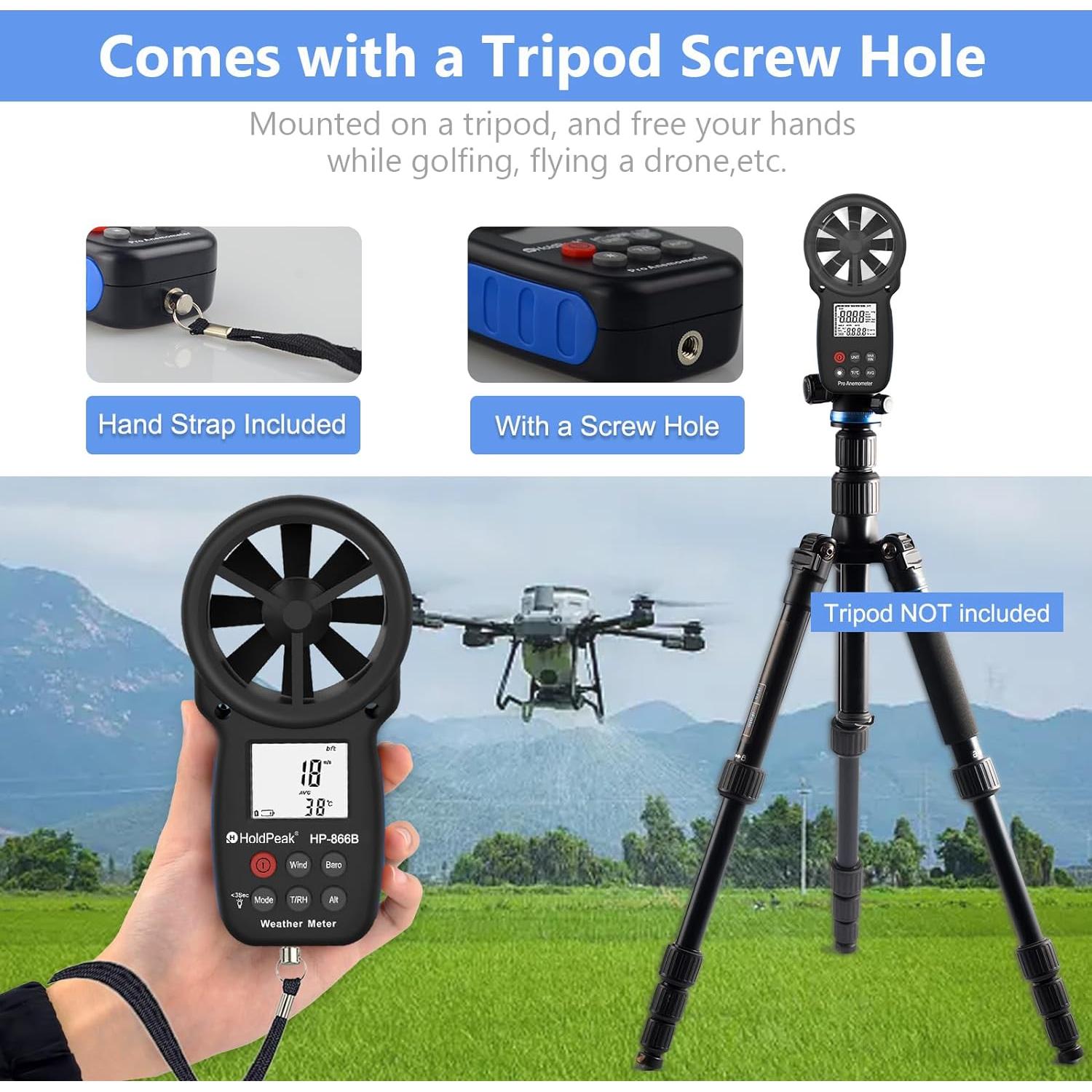 Anemómetro Digital HoldPeak 866B con Retroiluminación y Medición de Temperatura