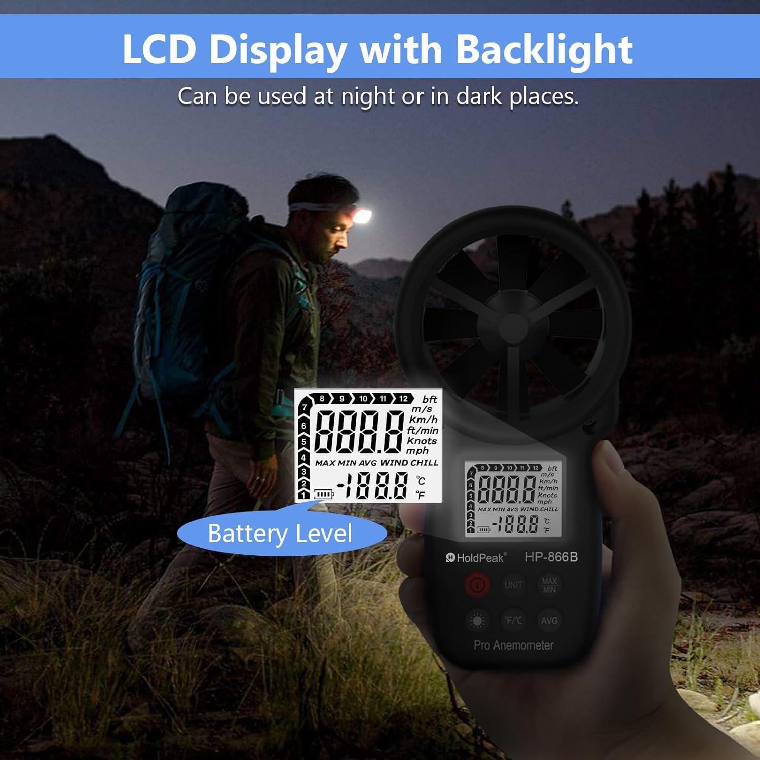 Anemómetro Digital HoldPeak 866B con Retroiluminación y Medición de Temperatura