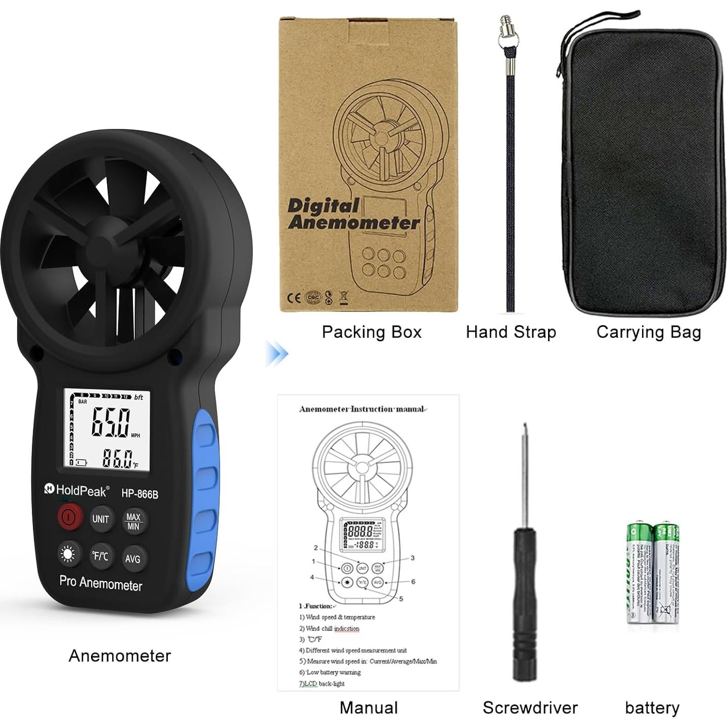 Anemómetro Digital HoldPeak 866B con Retroiluminación y Medición de Temperatura