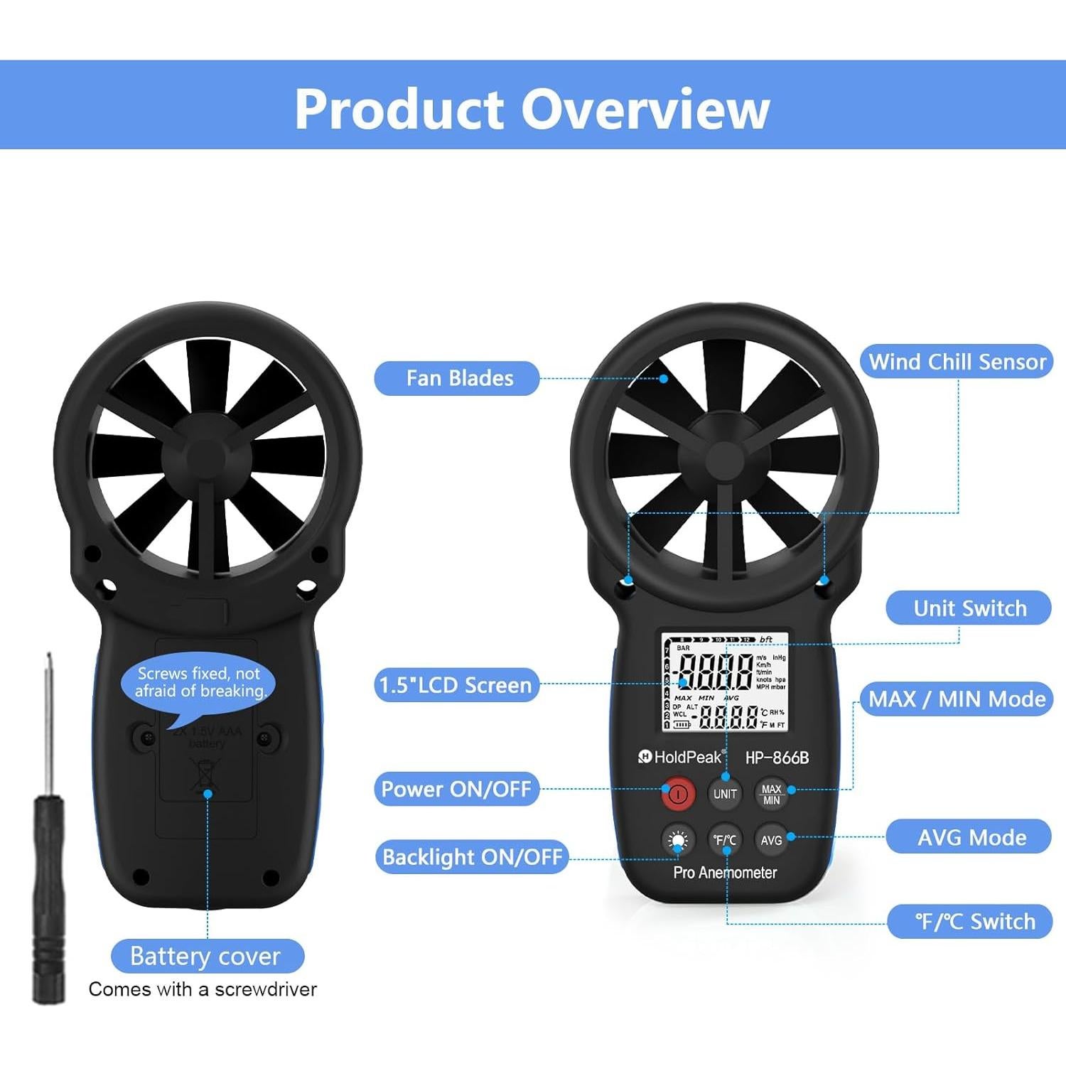 Anemómetro Digital HoldPeak 866B con Retroiluminación y Medición de Temperatura