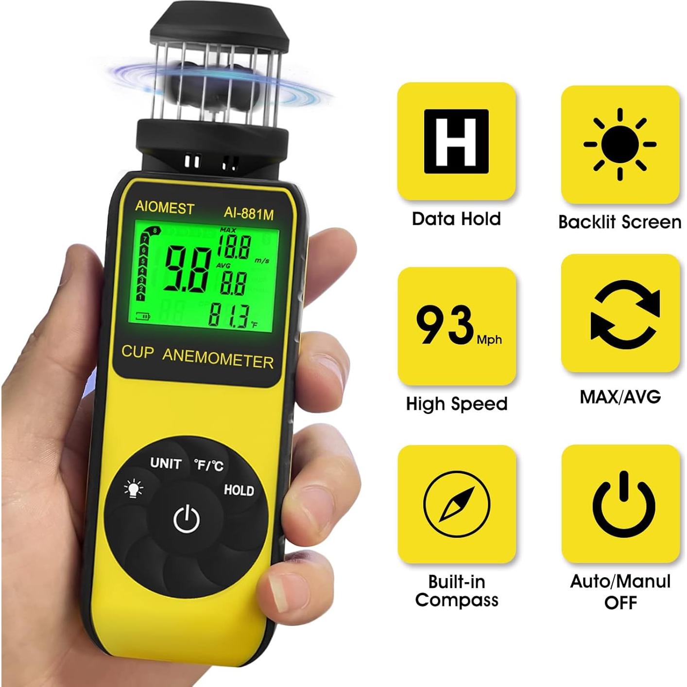 Anemómetro de copa AIOMEST AI-881M, digital, 0.7-42m/s