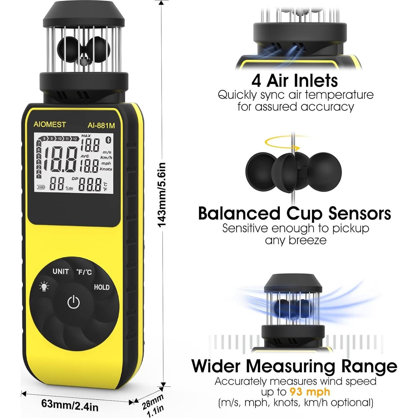 Anemómetro de copa AIOMEST AI-881M, digital, 0.7-42m/s