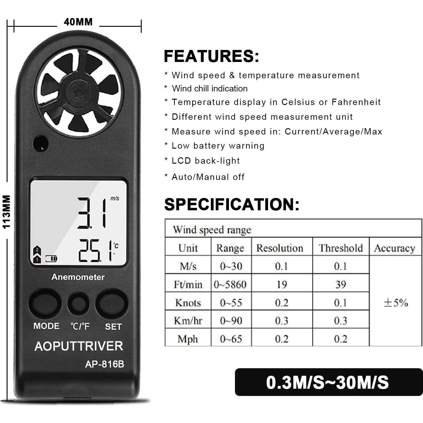 Anemómetro Digital AOPUTTRIVER AP-816B Mini Precisión